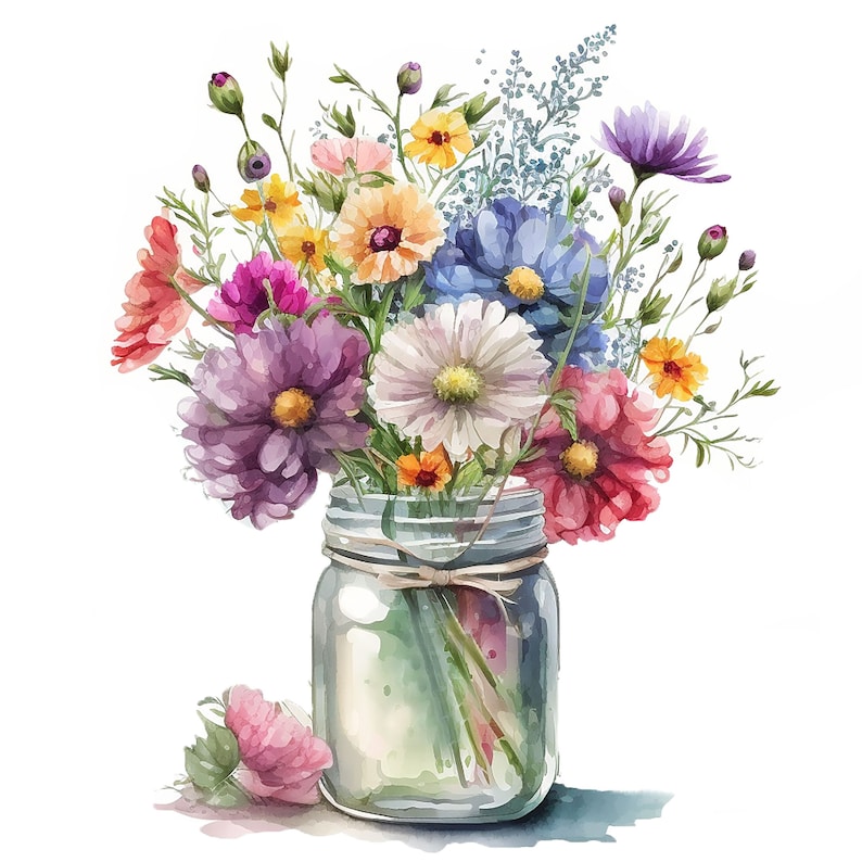 K&ouml;nnte beinhalten: Ein Aquarellbild eines Strau&szlig;es bunter Wildblumen in einem durchsichtigen Glasgef&auml;&szlig; mit einer braunen Kordelschleife. Die Blumen umfassen rosa, lila, blaue, gelbe und wei&szlig;e Bl&uuml;ten.