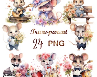 24 PNG, Cute mouse Clipart bundle,cute mouse Clipart, mouse Sublimation, Watercolor mouse artist clipart, clipart pack, nursery art