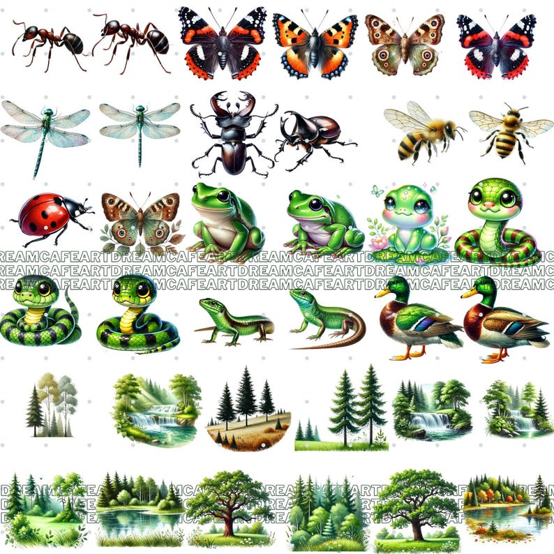 Puede incluir: Una colecci&oacute;n de ilustraciones en acuarela que representan varios insectos, anfibios, reptiles y paisajes. La imagen incluye hormigas, mariposas, lib&eacute;lulas, escarabajos, abejas, una mariquita, ranas, serpientes, lagartos, patos, &aacute;rboles y vistas panor&aacute;micas.