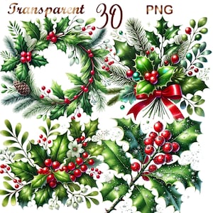 以下が含まれることがあります： 赤い実、緑の葉、白い花がついたヒイラギの枝を描いたデジタルイラスト4点セット。デジタルプロジェクトに華やかさを添えるのに最適です。