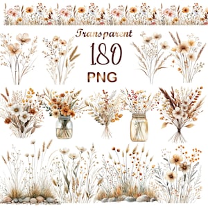 180 PNG Watercolor Wildflowers Clipart Bundle, Wildflowers  bouquet, Wildflowers Border clipart, Frame art, Digital Download,Commercial Use