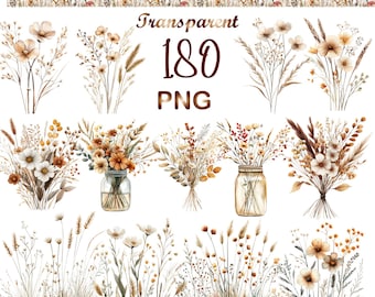 180 PNG Watercolor Wildflowers Clipart Bundle, Wildflowers  bouquet, Wildflowers Border clipart, Frame art, Digital Download,Commercial Use