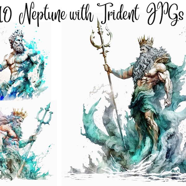 10 Neptune with Tident, Poseidon with Trident, JPGs, Commercial use, Digital Download,Watercolor Clipart,Card Making,Clip Art,Digital Craft