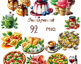 92 PNG Italian Food Clipart Bundle | Pasta, Pizza, Desserts, Drinks & Ingredients | Mediterranean Cuisine Illustrations | Digital Download