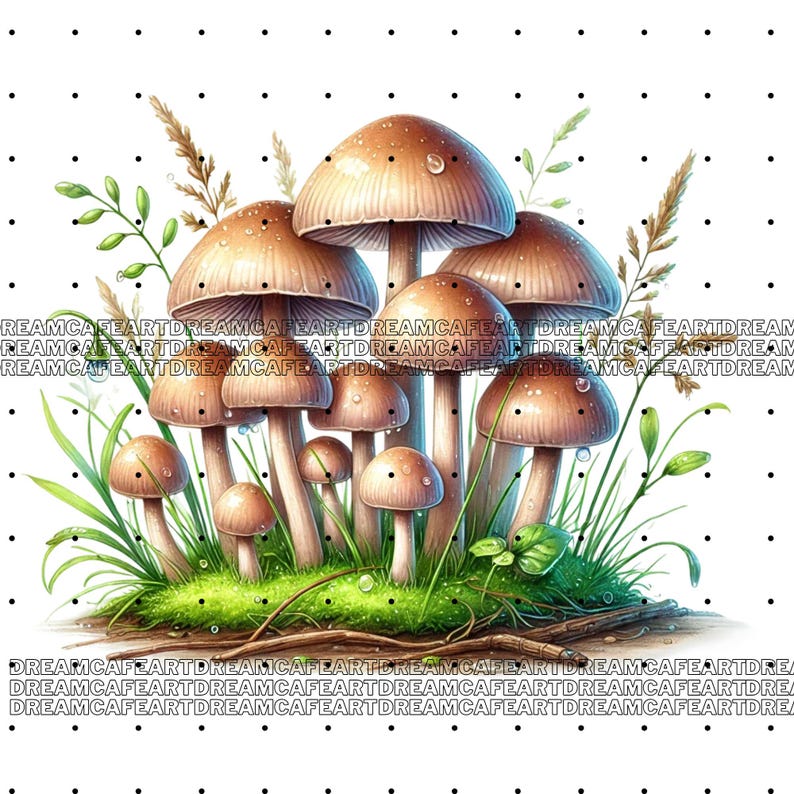 May include: A cluster of brown mushrooms with white spots growing in a bed of green moss and grass. The mushrooms are surrounded by small green plants and brown twigs.