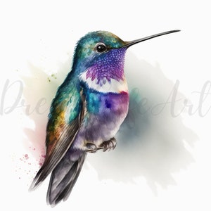 May include: Watercolor painting of a hummingbird with iridescent green, blue, purple, and white feathers. The bird is perched on a thin branch, with a long, black beak. The background has soft watercolor washes of color.