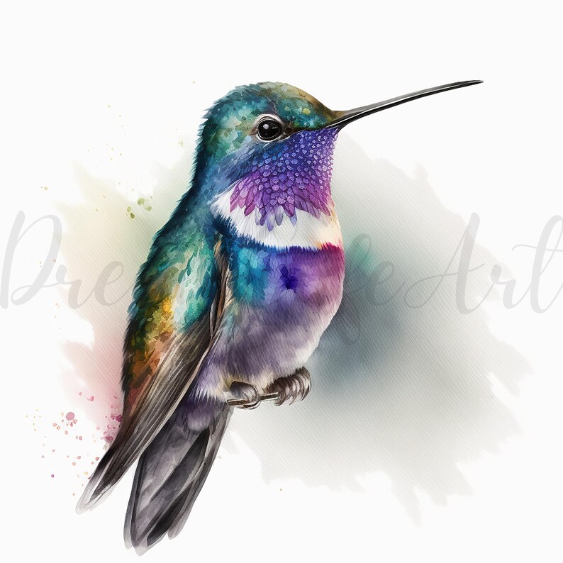 May include: Watercolor painting of a hummingbird with iridescent green, blue, purple, and white feathers. The bird is perched on a thin branch, with a long, black beak. The background has soft watercolor washes of color.