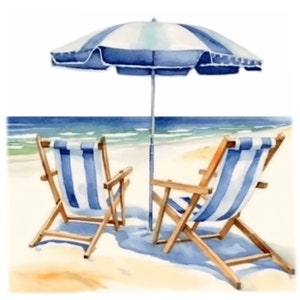 Peut inclure: Deux chaises longues ray&eacute;es bleu et blanc avec un parasol ray&eacute; bleu et blanc sur une plage de sable avec une mer bleue en arri&egrave;re-plan.