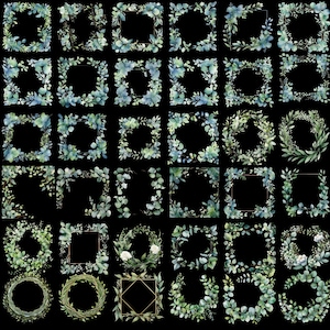 May include: A collection of watercolor botanical frames and wreaths. The designs feature green and blue-green eucalyptus leaves and branches arranged in square, rectangular, and circular shapes. Some frames have gold accents, all set against a black background.