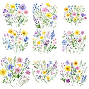 60 Watercolor Wildflower PNG Bundle, Pastel Floral Borders, Meadow Flowers Clipart, Botanical Set, Digital Download, Commercial Use image 4