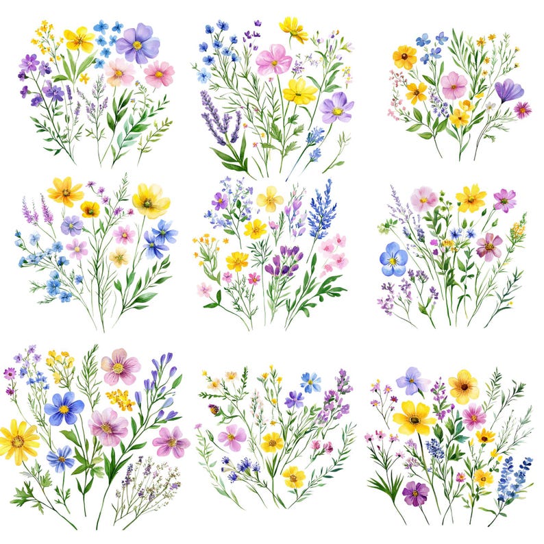 60 Watercolor Wildflower PNG Bundle, Pastel Floral Borders, Meadow Flowers Clipart, Botanical Set, Digital Download, Commercial Use image 4