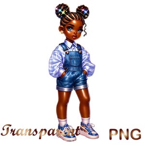 May include: A digital illustration of a young girl with brown skin, wearing a blue denim overall dress with a white and blue plaid shirt underneath. She has black hair styled in two braids with colourful hair ties. She is wearing white socks and blue and white trainers.