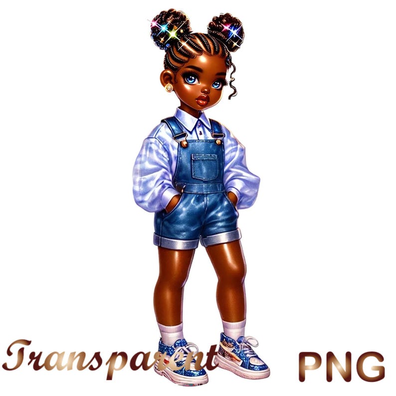 May include: A digital illustration of a young girl with brown skin, wearing a blue denim overall dress with a white and blue plaid shirt underneath. She has black hair styled in two braids with colourful hair ties. She is wearing white socks and blue and white trainers.