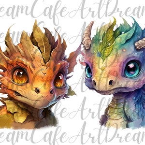 May include: Two cartoon baby dragons with large eyes. One dragon is orange and brown with leaf-like features. The other dragon is a rainbow of colors with a blue and purple body.