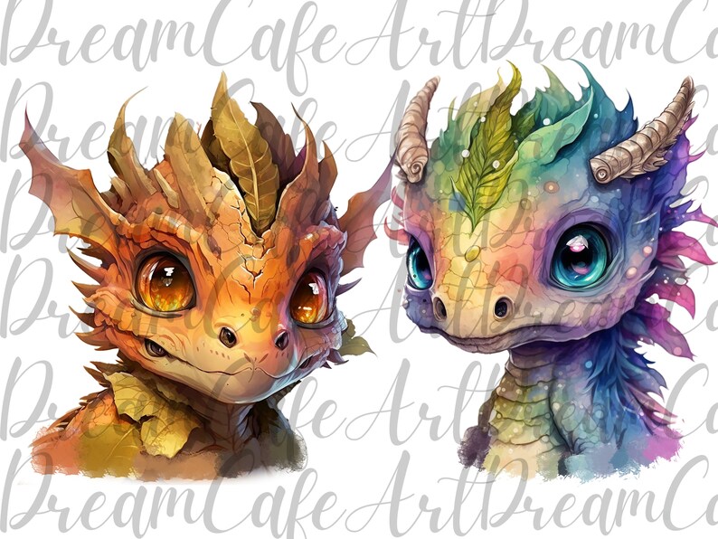 May include: Two cartoon baby dragons with large eyes. One dragon is orange and brown with leaf-like features. The other dragon is a rainbow of colors with a blue and purple body.