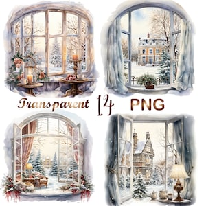 14 aquarel winter windows clipart png, kerst clipart, aquarel kerst raam clipart, kerst decor, digitale download, commercieel gebruik