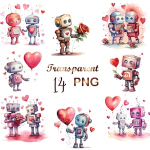 14 Watercolor Valentines Robot clipart PNG,Valentines Robots high quality PNG files,Valentines graphics, cute Robots, fantasy clip art