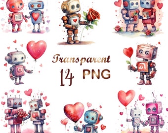 14 Watercolor Valentines Robot clipart PNG,Valentines Robots high quality PNG files,Valentines graphics, cute Robots, fantasy clip art