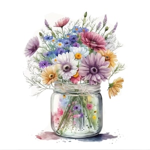 K&ouml;nnte beinhalten: Ein Glasgef&auml;&szlig; gef&uuml;llt mit einem bunten Blumenstrau&szlig;, darunter lila, rosa, gelbe und wei&szlig;e G&auml;nsebl&uuml;mchen. Das Gef&auml;&szlig; ist mit Schnur gebunden und steht auf wei&szlig;em Hintergrund.