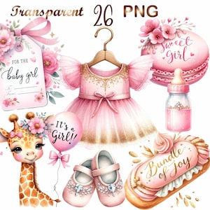 26 clipart de chá de bebê em aquarela, clipart de recém-nascido, clipart para recém-nascido, clipart de bebê de boas-vindas, pacote de clipart de menina, revelação de gênero png