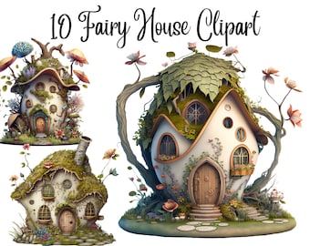 10 Fairy House Clipart JPGs, Digital Planner, Paper crafts, Scrapbooking, Fairy Clipart, Fairy house,  Magical fairy house, Instant download