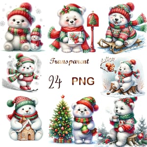 24 png, kerst ijsbeer clipart bundel, ijsbeer illustraties, schattige ijsbeer clipart, ijsbeer png, digitale download, commercieel gebruik