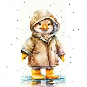 May include: A watercolor illustration of a duck wearing a brown raincoat and yellow rain boots. The duck is standing in a puddle of water with raindrops falling around it.