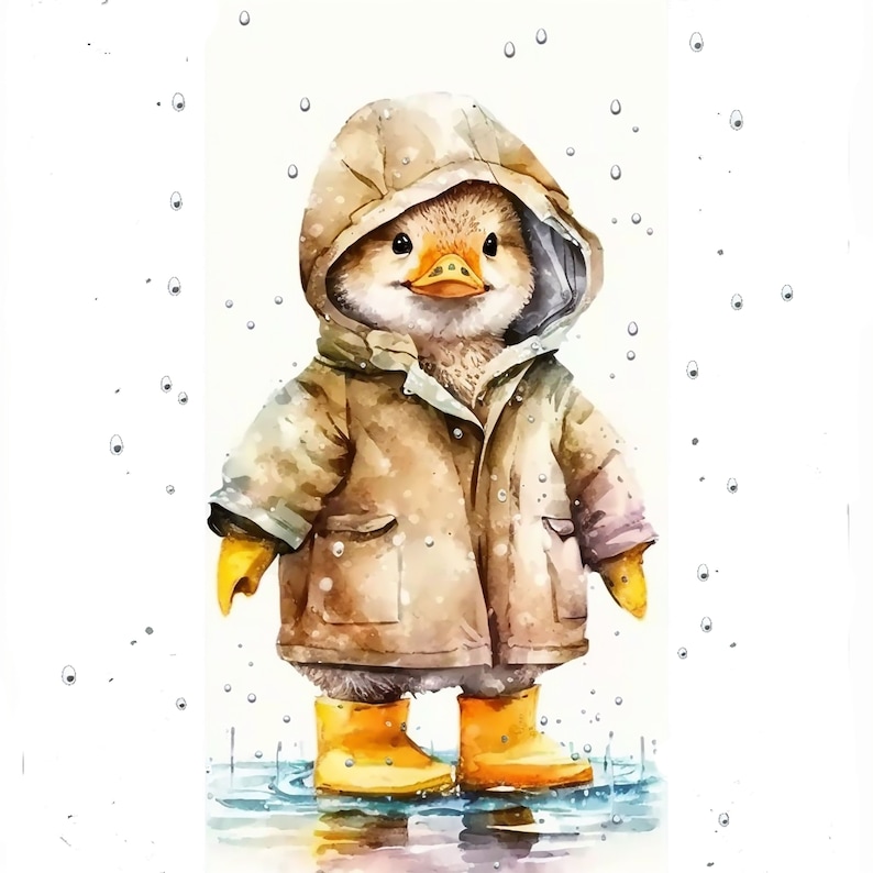 May include: A watercolor illustration of a duck wearing a brown raincoat and yellow rain boots. The duck is standing in a puddle of water with raindrops falling around it.