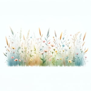 K&ouml;nnte beinhalten: Ein Aquarellbild eines Feldes mit Wildblumen in Rosa-, Gelb- und Blaut&ouml;nen. Die Blumen sind in einer Reihe am unteren Rand des Bildes angeordnet, vor einem wei&szlig;en Hintergrund.