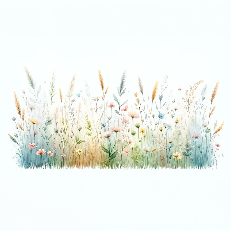 K&ouml;nnte beinhalten: Ein Aquarellbild eines Feldes mit Wildblumen in Rosa-, Gelb- und Blaut&ouml;nen. Die Blumen sind in einer Reihe am unteren Rand des Bildes angeordnet, vor einem wei&szlig;en Hintergrund.