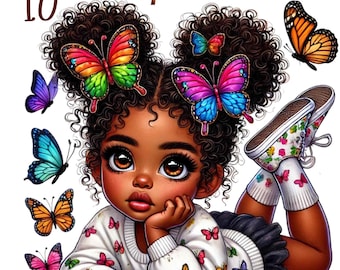 May include: A digital illustration of a young Black girl with curly hair wearing a white sweater with butterfly designs. She has butterflies in her hair and is wearing sneakers. The background is white.
