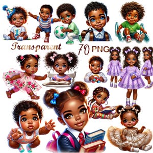 70 PNG Beautiful Black Kids Clipart Bundle | African American Boys & Girls Watercolor Illustrations | Cute Baby to School,Toddler,Preschool