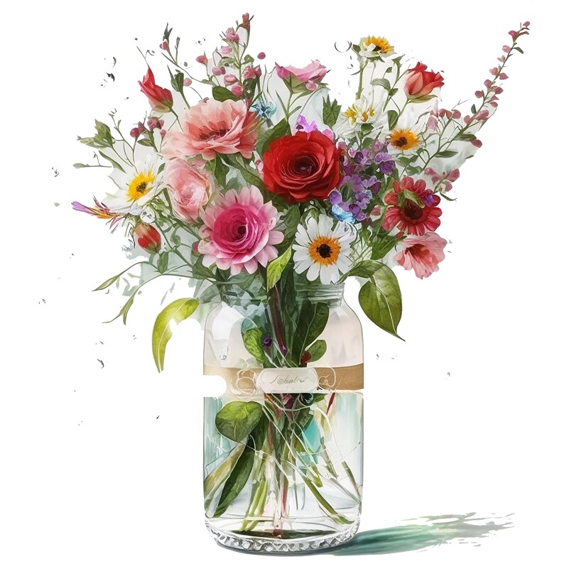 May include: A bouquet of pink, red, and white flowers in a clear glass jar with a brown label. The flowers are arranged in a vase with a brown label that says "Nature's Gift".