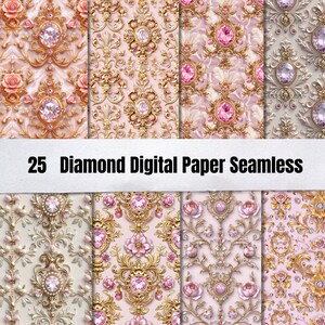 May include: 25 digital papers with a seamless pattern featuring pink flowers, gold ornate designs, and sparkling pink diamonds.