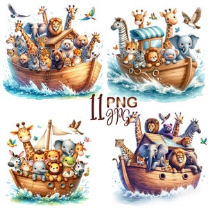 11 PNG/JPG, Noah&#39;s Ark Clipart, Watercolor Bundle, Christian Clipart Set,Noah&#39;s Ark Digital Image,Transparent Bible Clipart, Card,Wallart