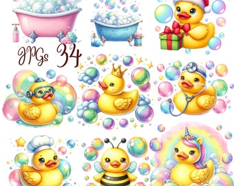 34 JPG, Watercolor Rubber Duck Clipart bundle, Cute Duck clipart, Rubber Duck clipart, Rubber Duck design, Commercial Use, Digital download