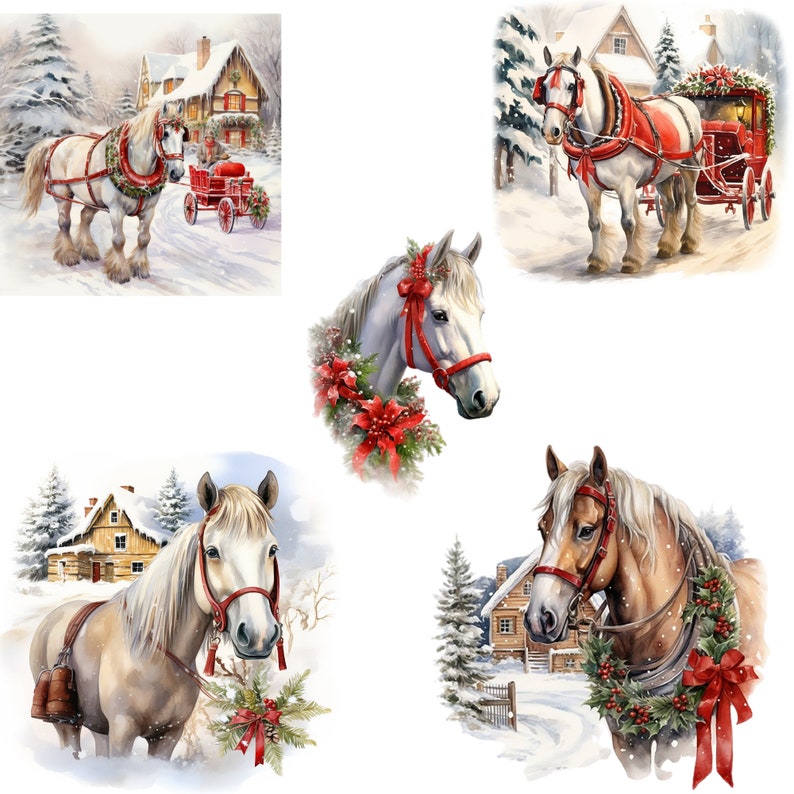 13 PNG, Christmas Horse Clipart Bundle, Watercolor Clipart PNG, Horse ...