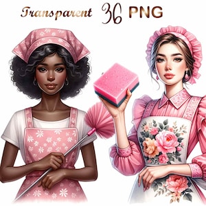 May include: Two women wearing pink and white maid outfits. One woman is holding a pink and green sponge and the other is holding a pink duster.