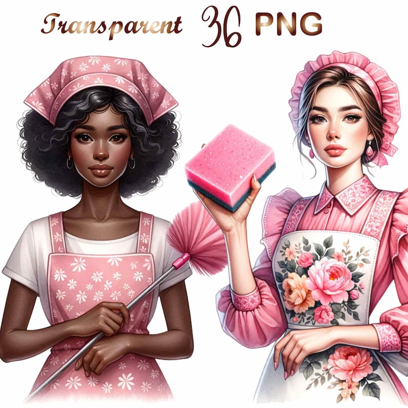 May include: Two women wearing pink and white maid outfits. One woman is holding a pink and green sponge and the other is holding a pink duster.