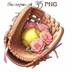 May include: A brown leather baseball glove with pink roses and a yellow softball inside.
