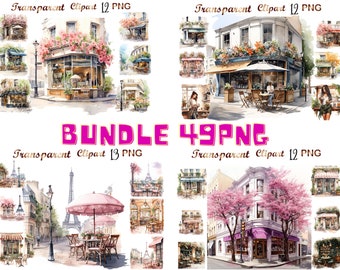 49 Watercolor spring coffee shop clipart, Bundle PNG,set 1-4, Collage spring cafe illustration PNG,Digital Paper Craft, Full Commercial Use