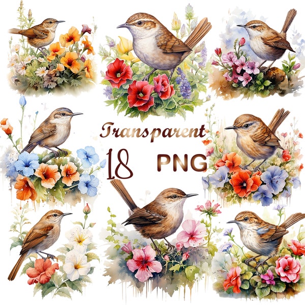 18 Spring Wren Clipart PNG, Wrens Flowers clipart, Watercolor Wrens clipart, Digital download, Paper crafts, junk journals