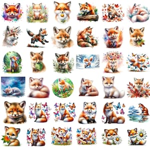 Puede incluir: Una colecci&oacute;n de 36 ilustraciones de acuarela con adorables zorros en varias poses y escenarios. Los zorros se representan en una variedad de colores, incluyendo naranja, marr&oacute;n, blanco y negro. Algunos zorros llevan flores, mariposas u otros elementos decorativos. Las ilustraciones son perfectas para usar en scrapbooking, creaci&oacute;n de tarjetas u otros proyectos de manualidades.