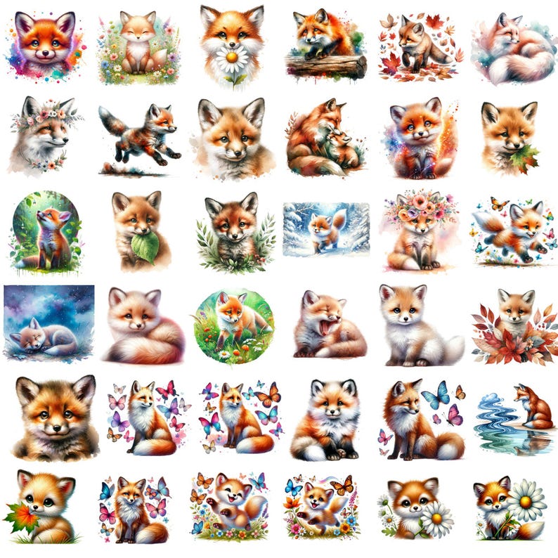 Puede incluir: Una colecci&oacute;n de 36 ilustraciones de acuarela con adorables zorros en varias poses y escenarios. Los zorros se representan en una variedad de colores, incluyendo naranja, marr&oacute;n, blanco y negro. Algunos zorros llevan flores, mariposas u otros elementos decorativos. Las ilustraciones son perfectas para usar en scrapbooking, creaci&oacute;n de tarjetas u otros proyectos de manualidades.