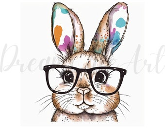 10 JPGs, Cute Bunnies in Glasses Clipart - High Quality JPGs- Digital Download, Digital planners, Clip Art,rabbit clipart, funny bunny image