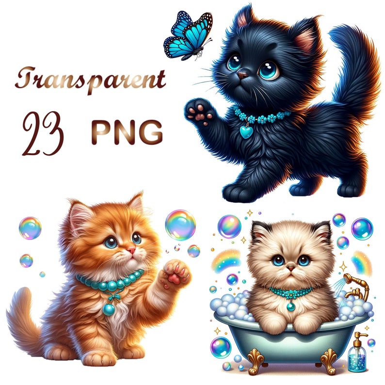 Puede incluir: Tres gatitos adorables con ojos azules. Un gatito negro est&aacute; mirando hacia arriba a una mariposa azul. Un gatito naranja est&aacute; mirando hacia la derecha con su pata levantada. Un gatito blanco est&aacute; sentado en una ba&ntilde;era azul con burbujas.