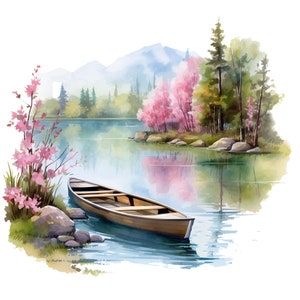 14 Watercolor Canoe in Lake Clipart JPGs, High Quality JPGs, Watercolor Art, Digital Download, Card Making, Mixed Media, Digital Paper Craft