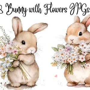 8 Bunnies with Flowers JPGs, Bunny clipart, Cute bunny,Commercial use,Digital Download,Watercolor Clipart,Card Making,Clip Art,Digital Craft