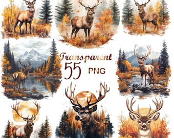 Pacchetto di clipart di cervi (55 immagini PNG), cervi ad acquerello in formato PNG, pacchetto di clipart di cervi nella foresta, animali del bosco, uso commerciale, download digitale immediato.