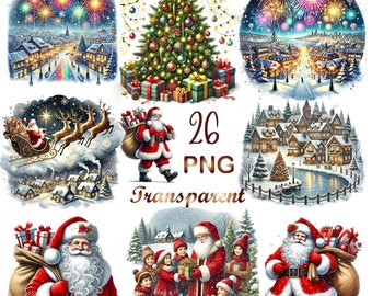 26 PNG, Watercolor Christmas scene clipart,Christmas Santa clipart, printable graphics,Winter clipart,festive illustration, Christmas Decor